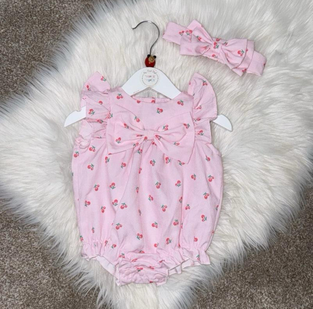 Pink bow cherry romper with headband