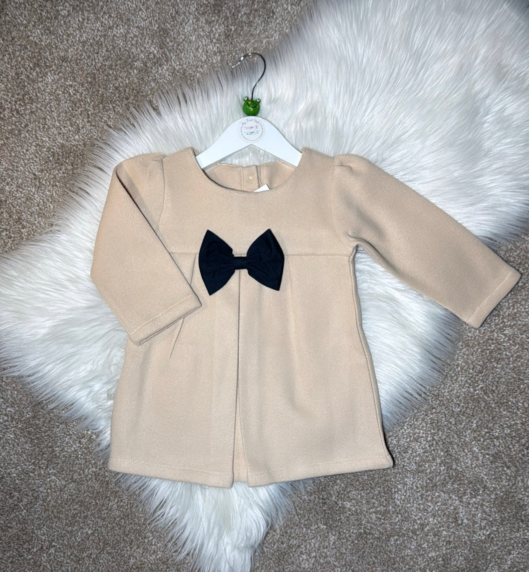 Beige & navy bow dress
