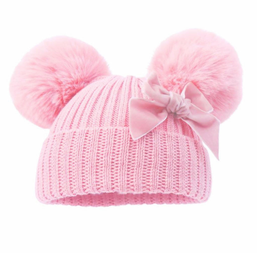 Baby pink double Pom bow hat