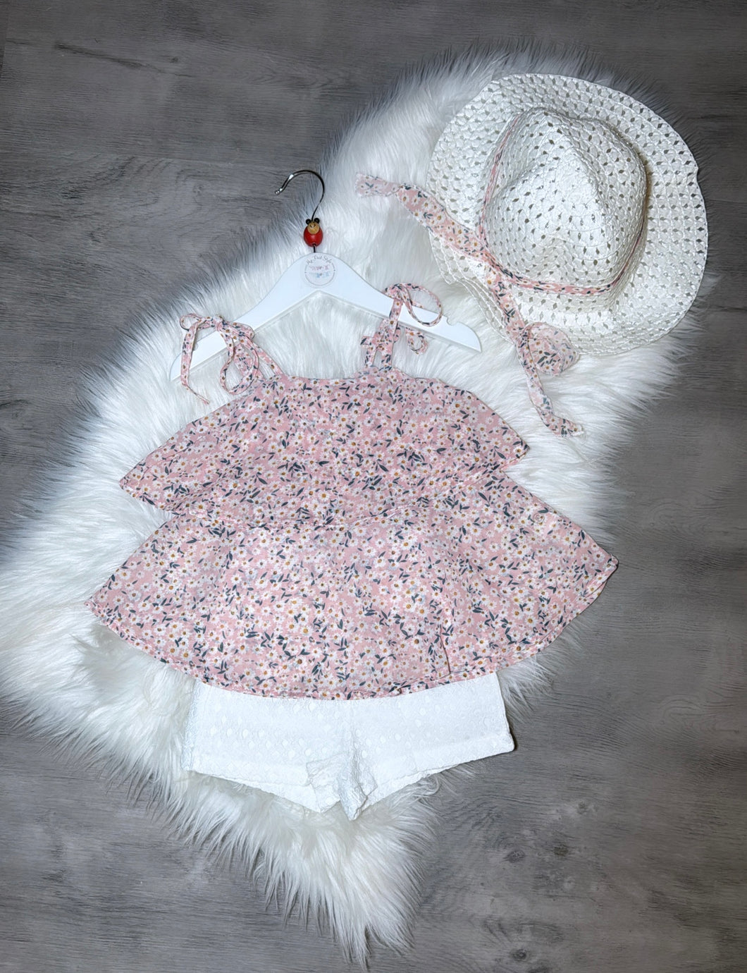 Pink & white shorts top & hat