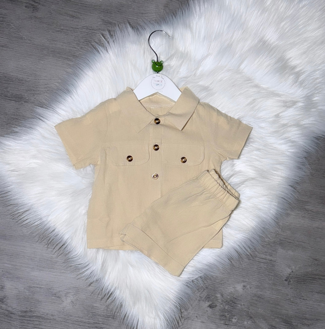 Beige button short set