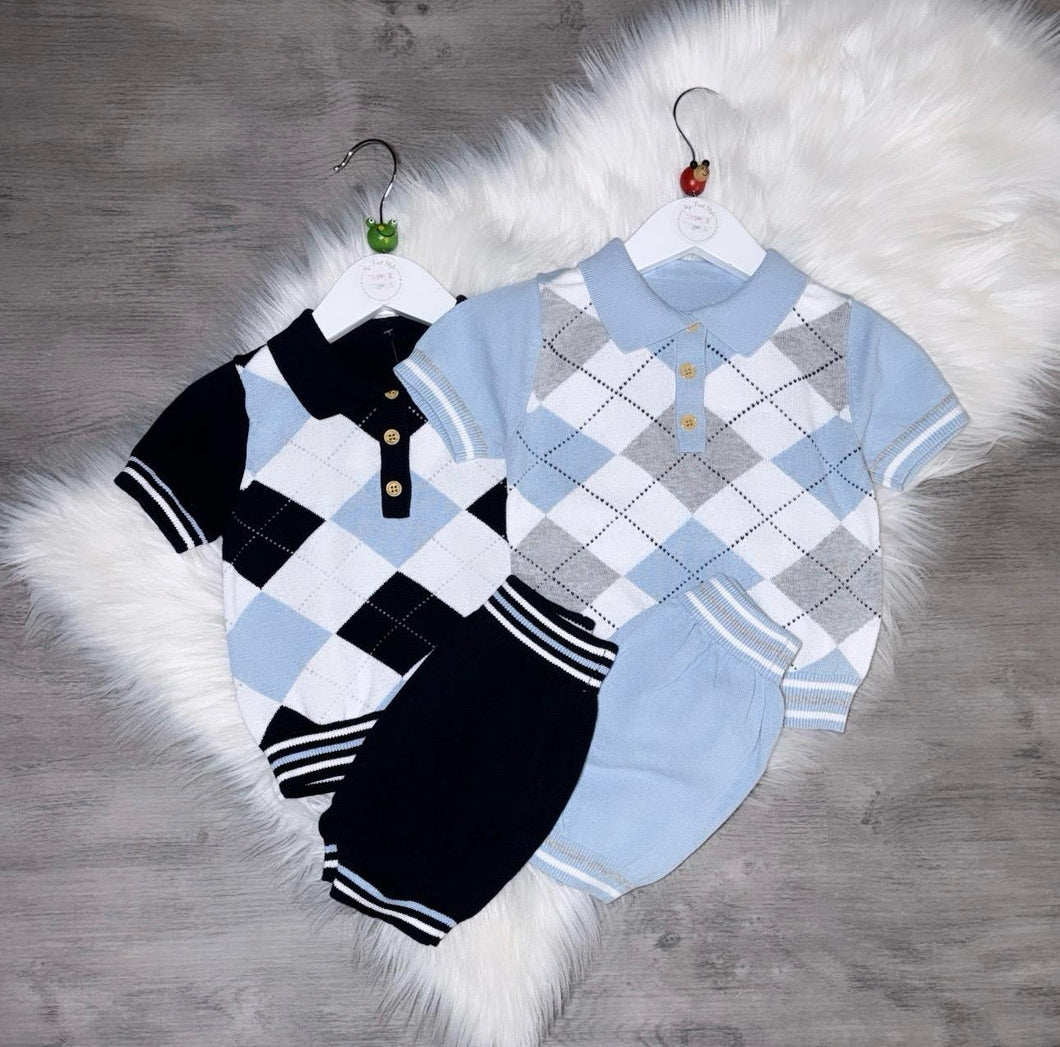 Checked knitted short set
