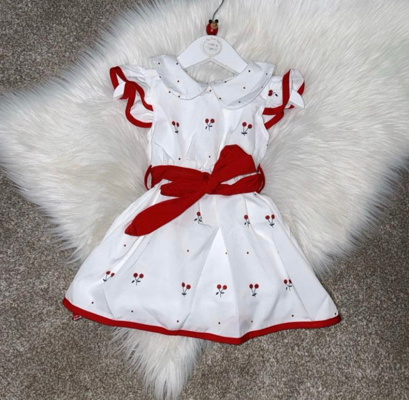 White & Red Cherry Dress with Belt