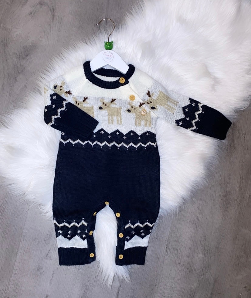 Knitted navy reindeer romper