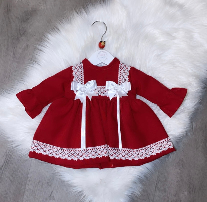 Red & white smart bow lace dress