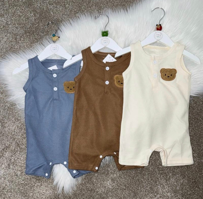 Blue, Brown & Cream Soft Bear Romper
