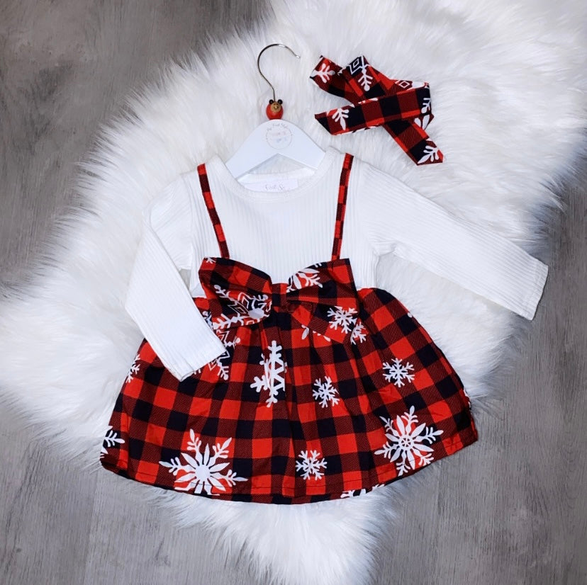 Red checked bow & white dress with headband