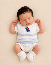 Load image into Gallery viewer, White &amp; blue knitted bear romper
