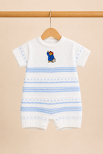 Load image into Gallery viewer, White &amp; blue knitted bear romper
