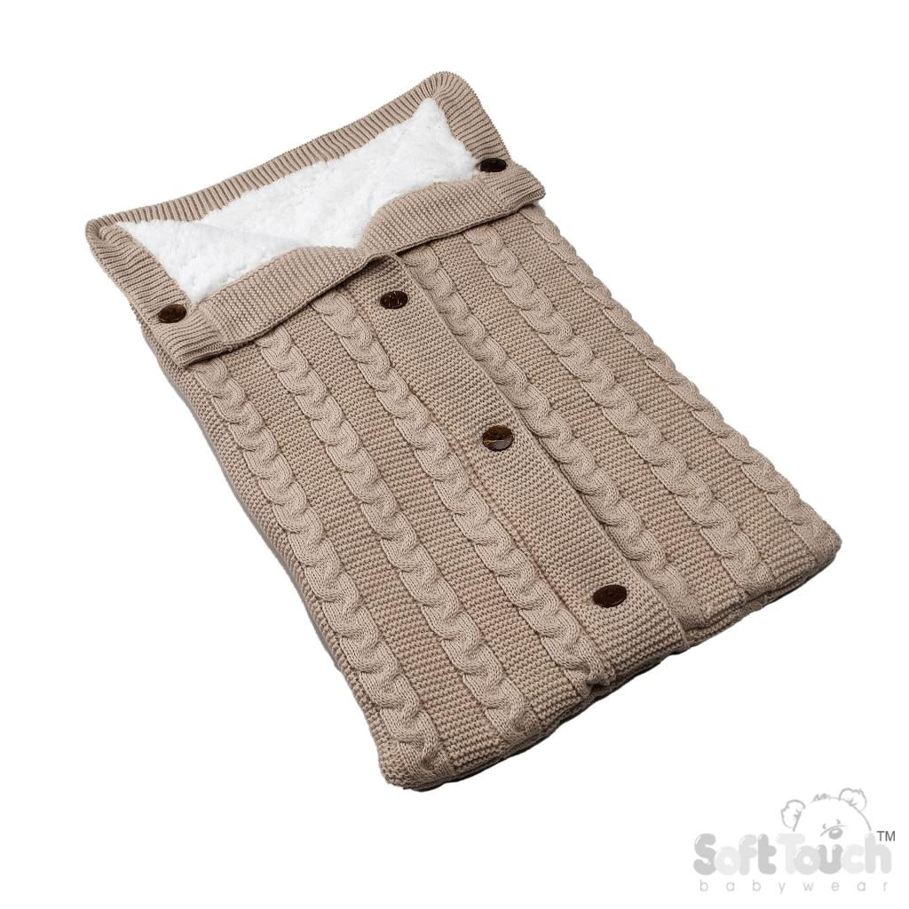 Beige fur lined knitted pram blanket