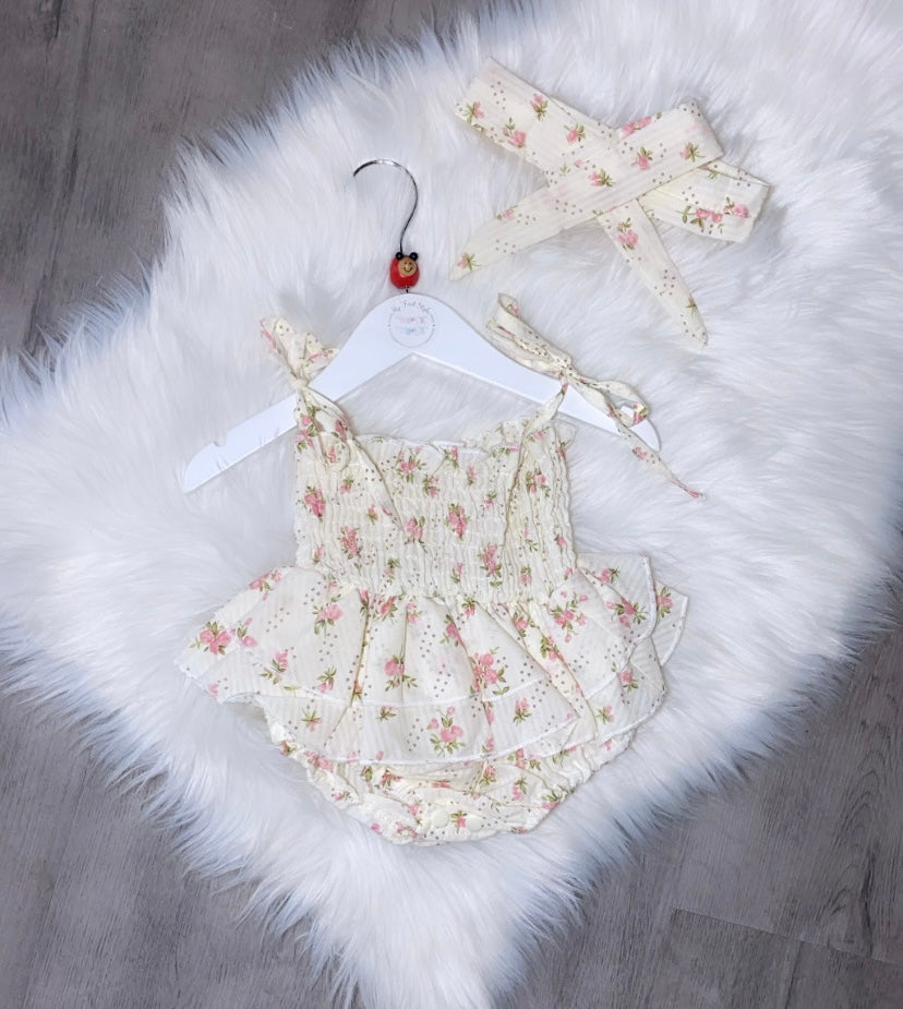 Cream frilly flower romper & headband