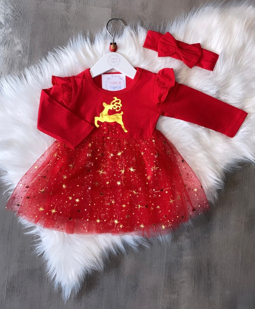 Sparkly reindeer dress & headband bow