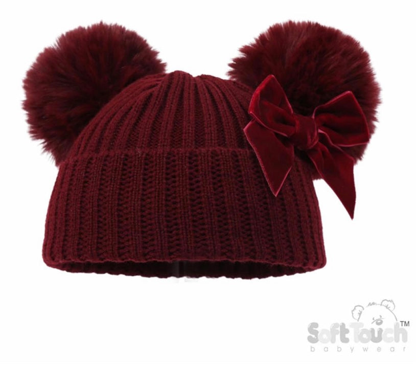 Burgundy bow double Pom hat