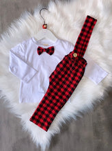 Load image into Gallery viewer, Checked dungaree dickie bow set
