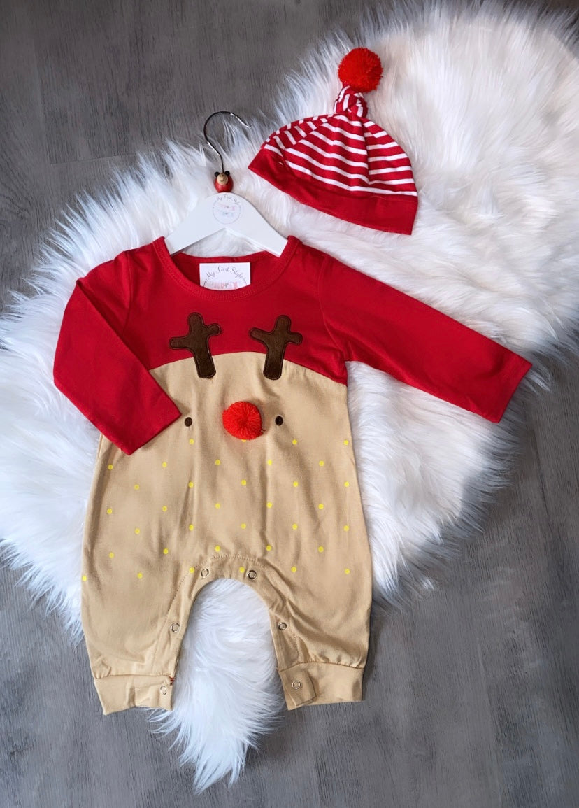 Red nose reindeer romper and hat