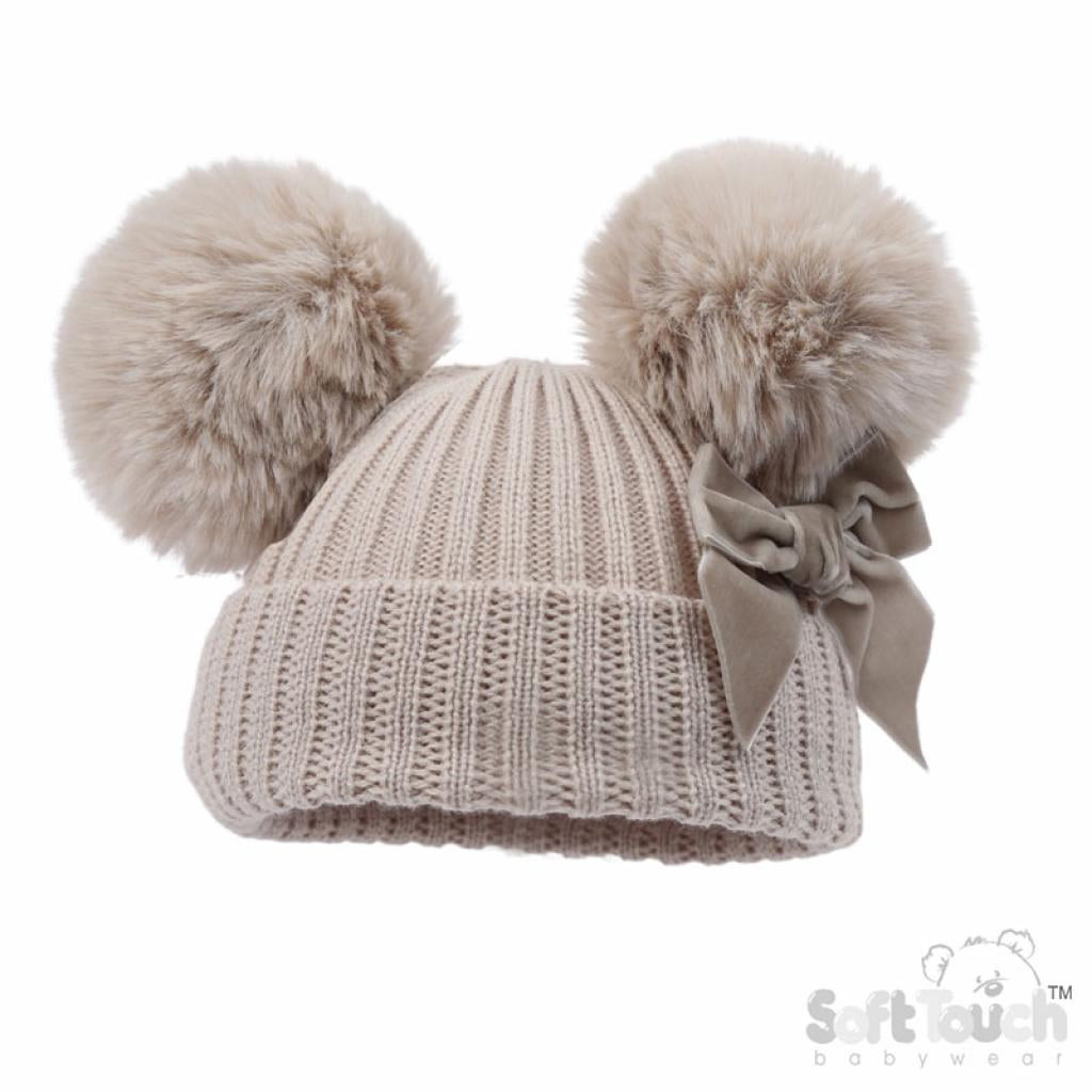 Beige bow double Pom hat