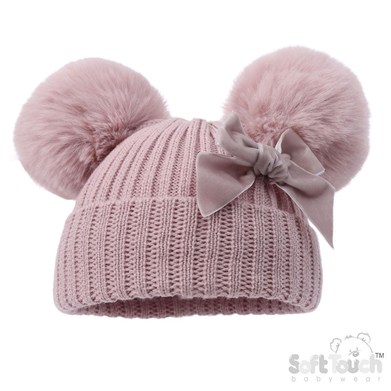 Dusky pink double Pom bow hat