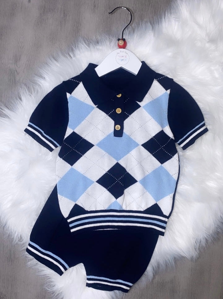 Checked navy knitted set